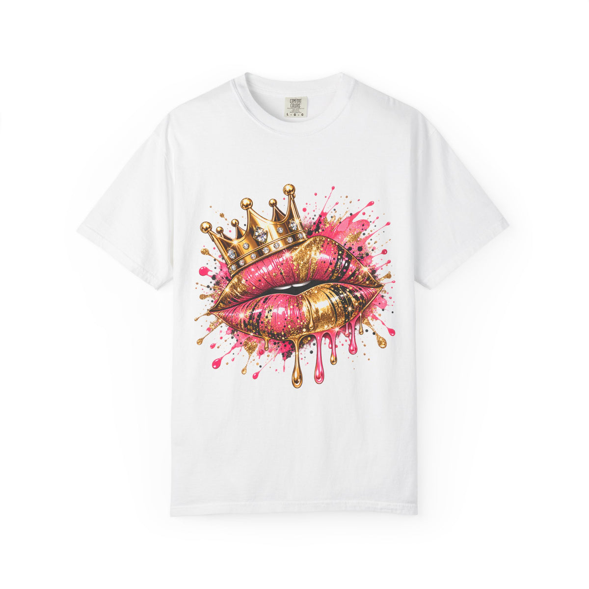 Crowned Kiss Graphic T-Shirt Gold Crown Pink Lip Art Tee product mockup