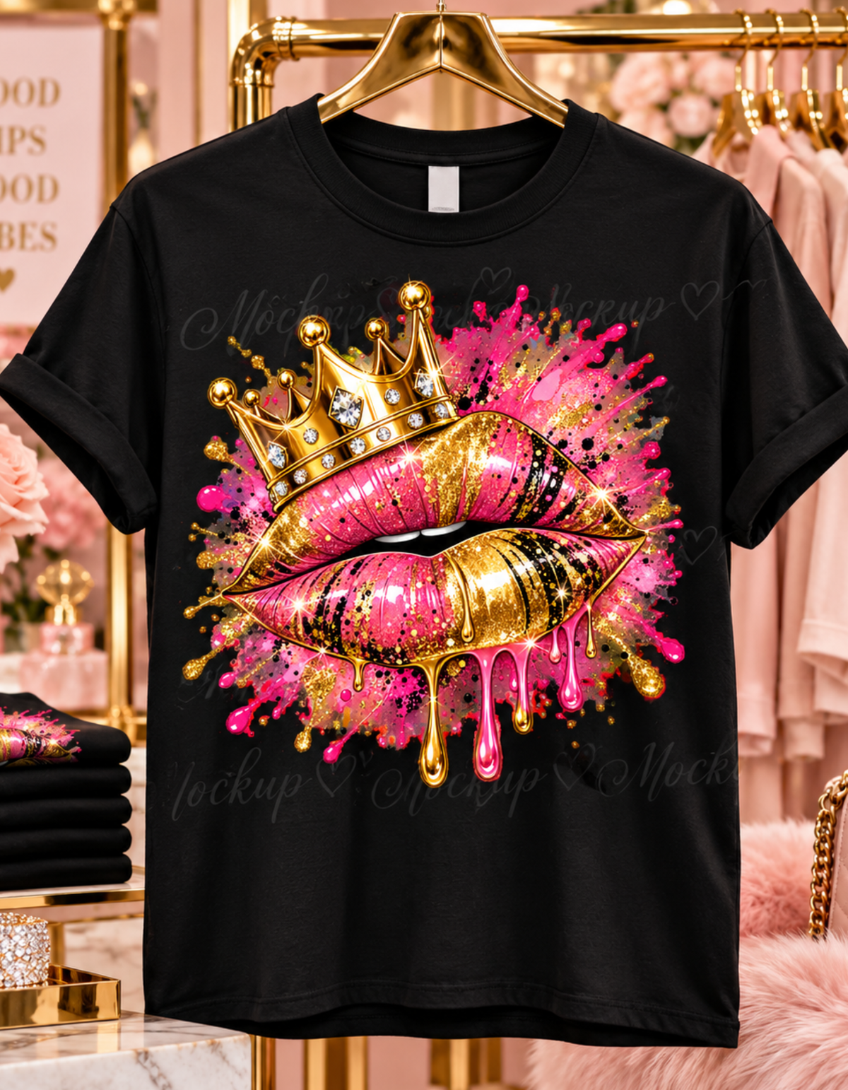 Crowned Kiss Graphic T-Shirt Gold Crown Pink Lip Art Tee product mockup