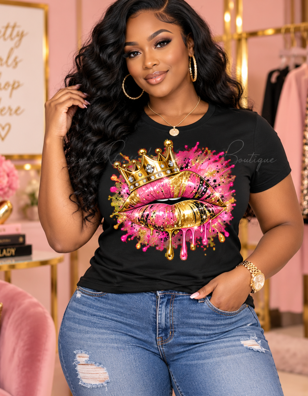 Crowned Kiss Graphic T-Shirt Gold Crown Pink Lip Art Tee product mockup