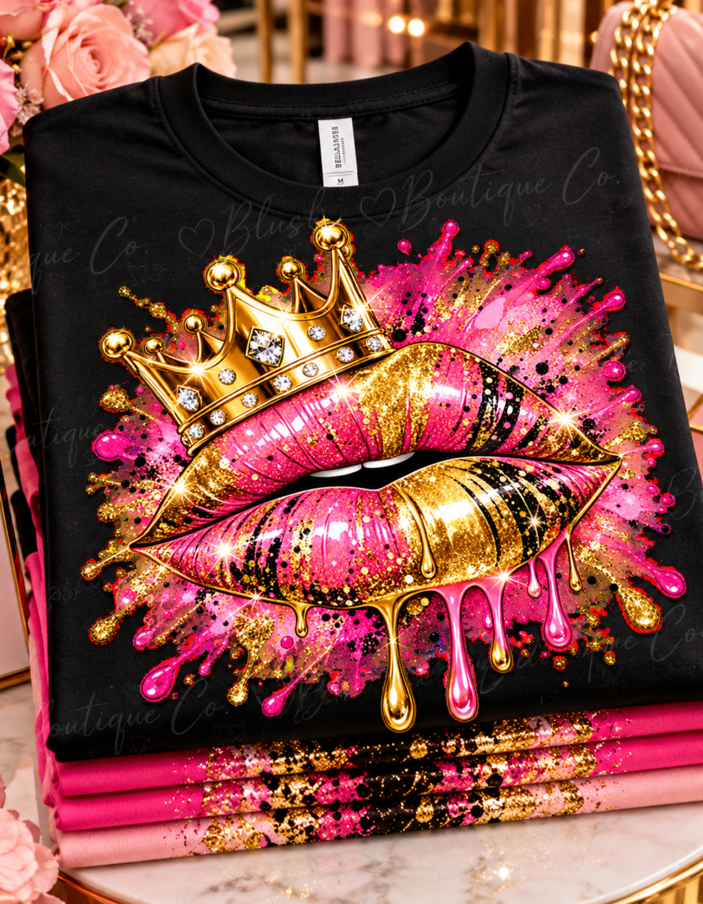 Crowned Kiss Graphic T-Shirt Gold Crown Pink Lip Art Tee product mockup