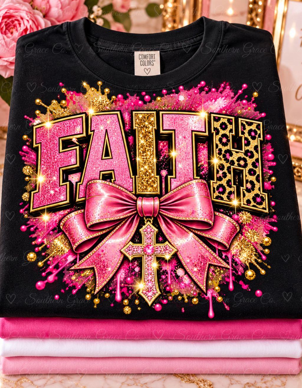 FAITH Leopard Bow T-Shirt Pink Faith Graphic Tee for Women & Girls product mockup