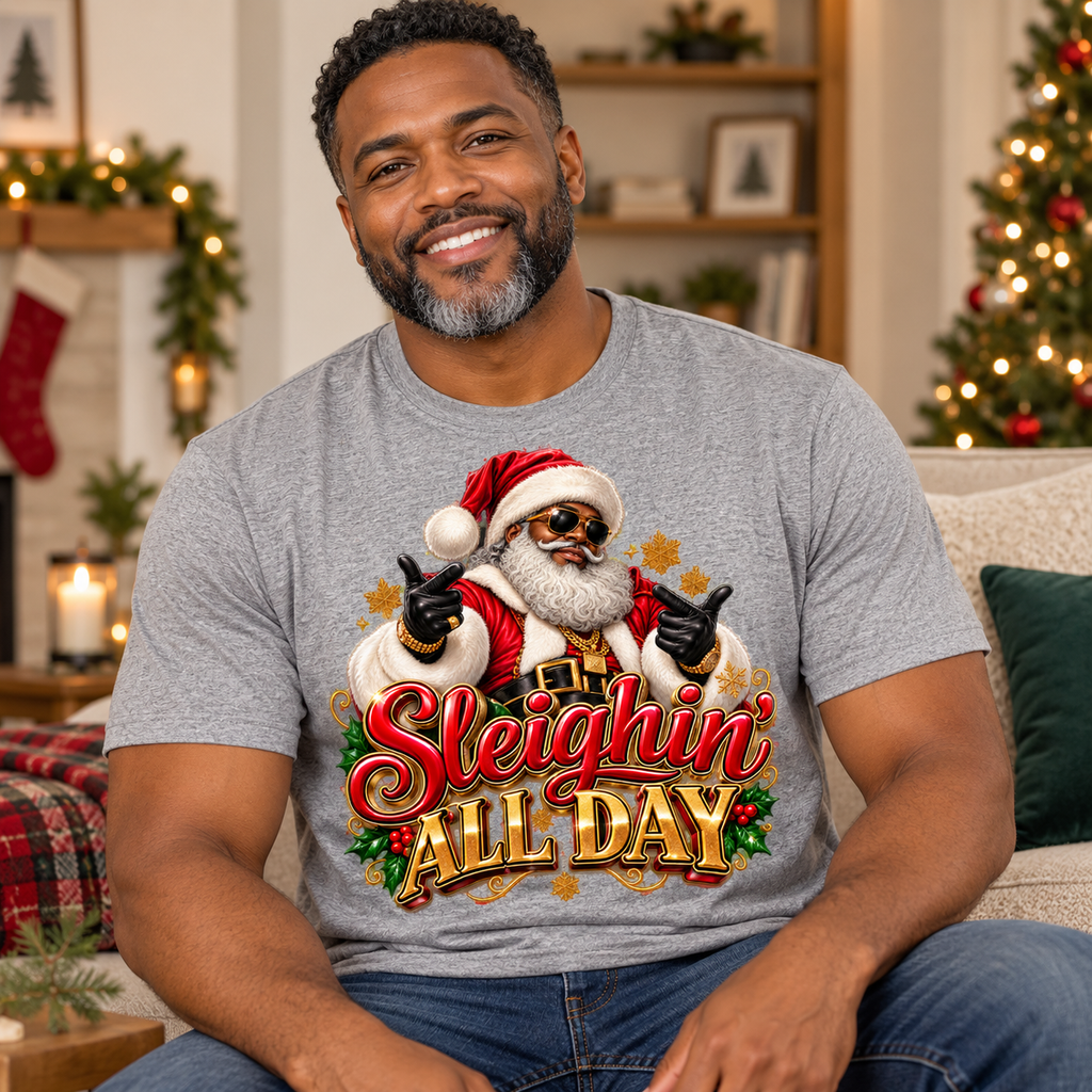 Sleighin’ All Day Santa Christmas T-Shirt | Funny Holiday Graphic Tee