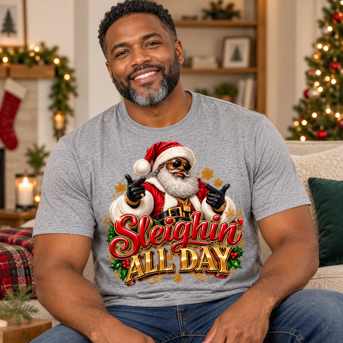 Sleighin’ All Day Santa Christmas T-Shirt | Funny Holiday Graphic Tee