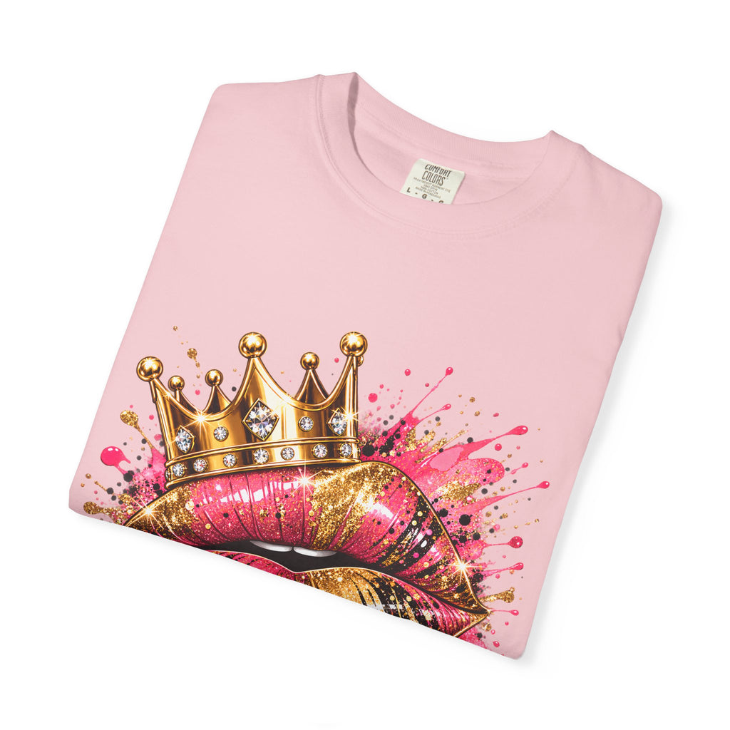Crowned Kiss Graphic T-Shirt Gold Crown Pink Lip Art Tee product mockup