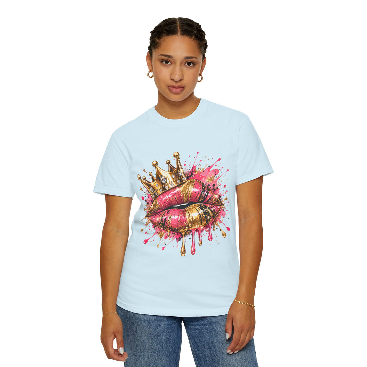 Crowned Kiss Graphic T-Shirt Gold Crown Pink Lip Art Tee product mockup
