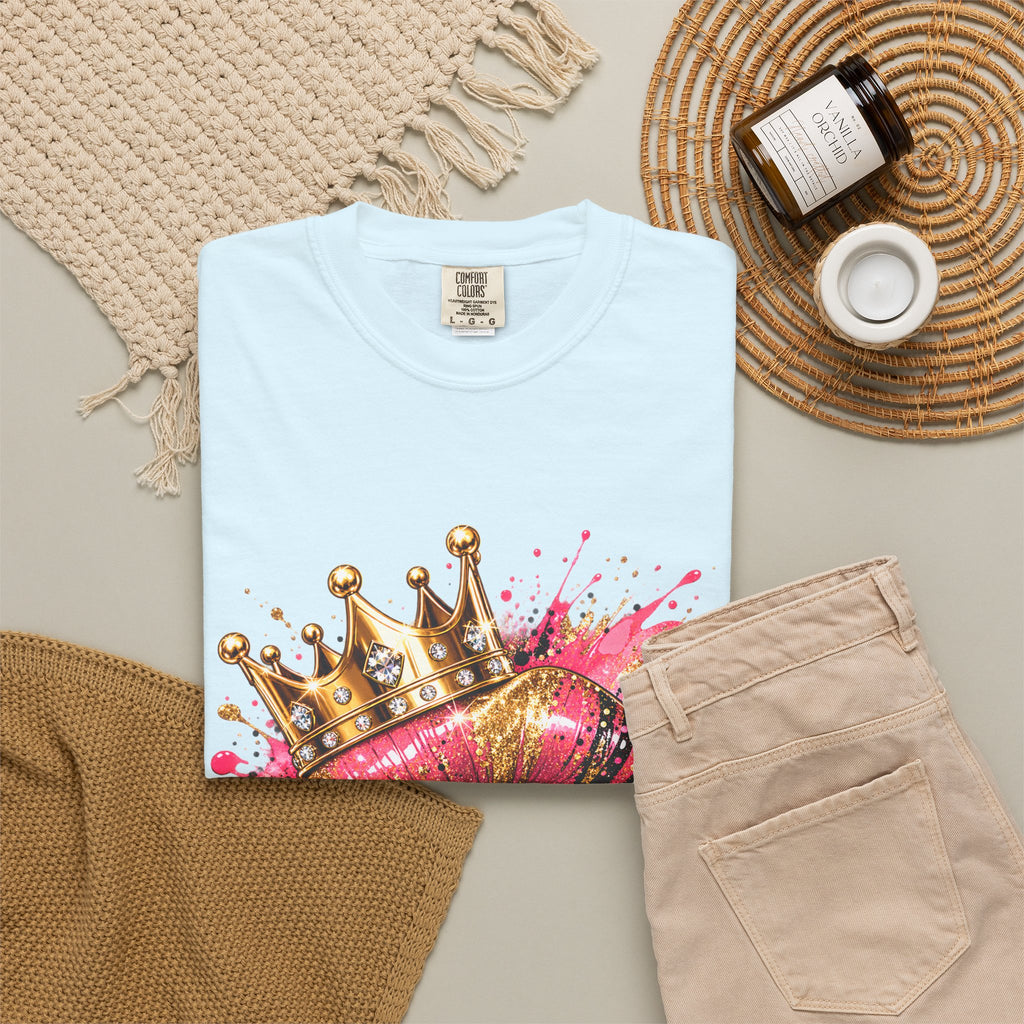 Crowned Kiss Graphic T-Shirt Gold Crown Pink Lip Art Tee product mockup