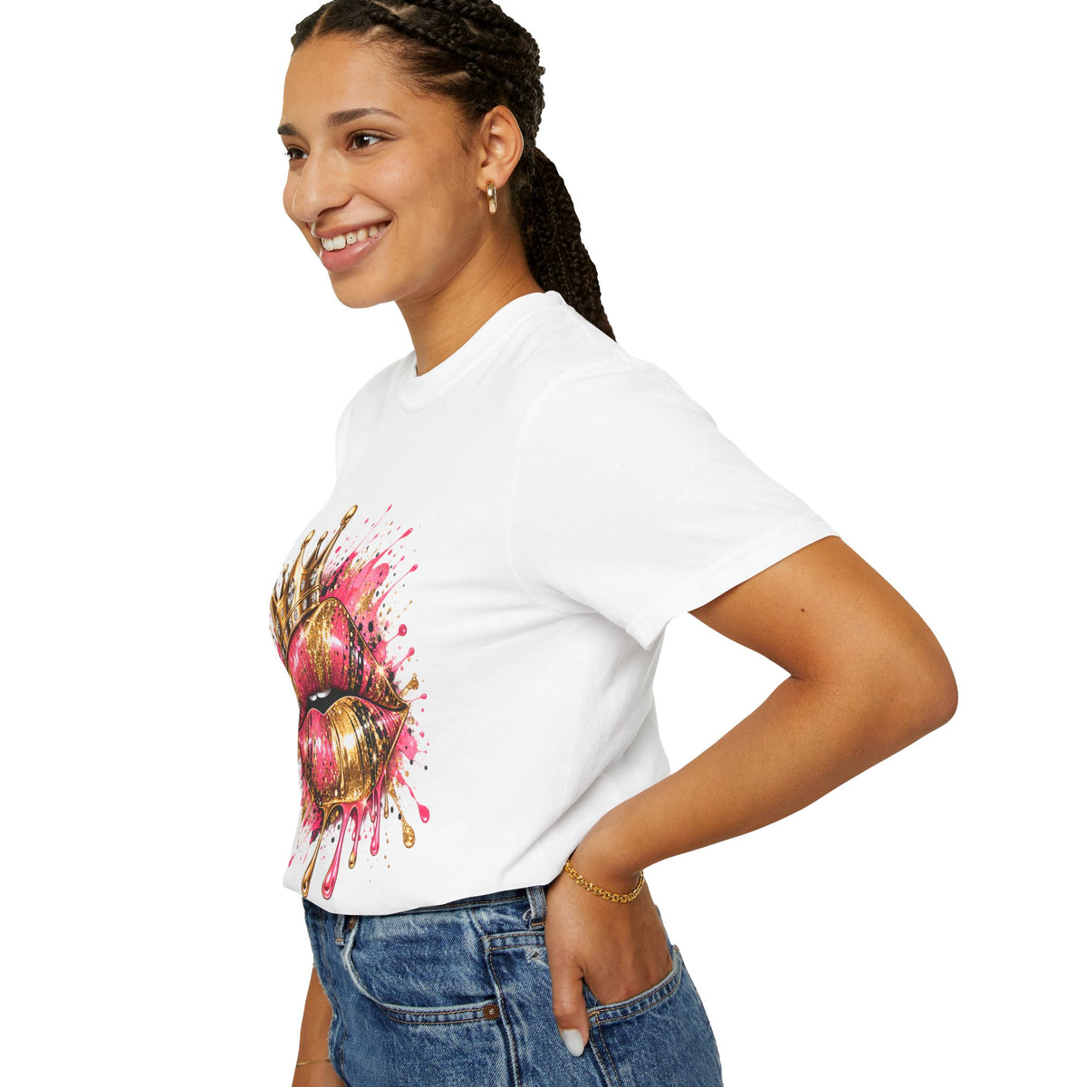 Crowned Kiss Graphic T-Shirt Gold Crown Pink Lip Art Tee product mockup