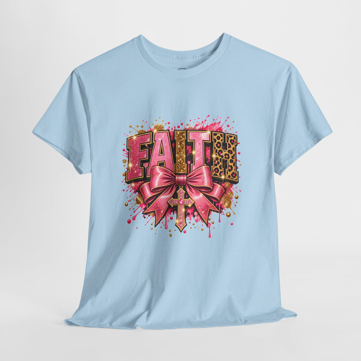 FAITH Leopard Bow T-Shirt Pink Faith Graphic Tee for Women & Girls product mockup
