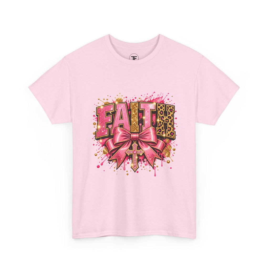 FAITH Leopard Bow T-Shirt Pink Faith Graphic Tee for Women & Girls product mockup