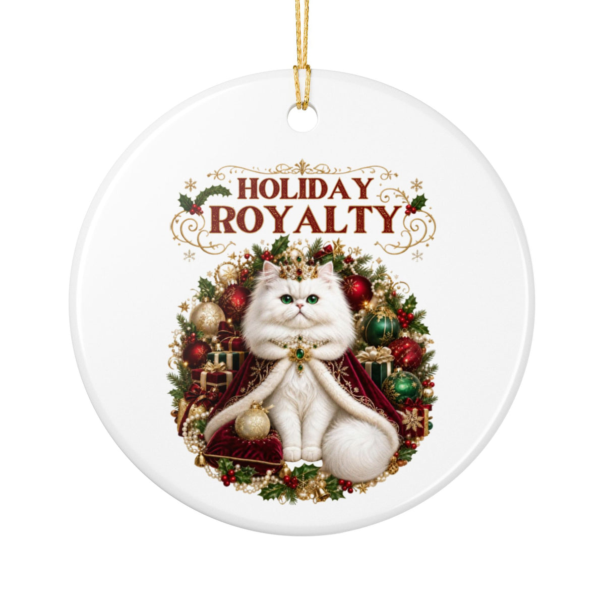 Holiday Royalty white cat ceramic Christmas tree ornament