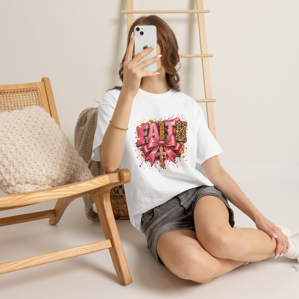 FAITH Leopard Bow T-Shirt Pink Faith Graphic Tee for Women & Girls product mockup