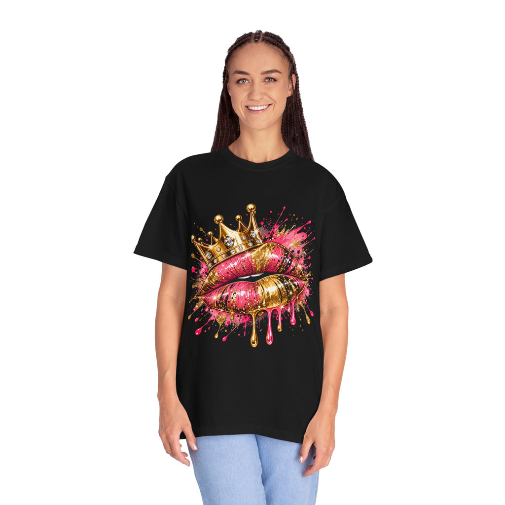 Crowned Kiss Graphic T-Shirt Gold Crown Pink Lip Art Tee product mockup