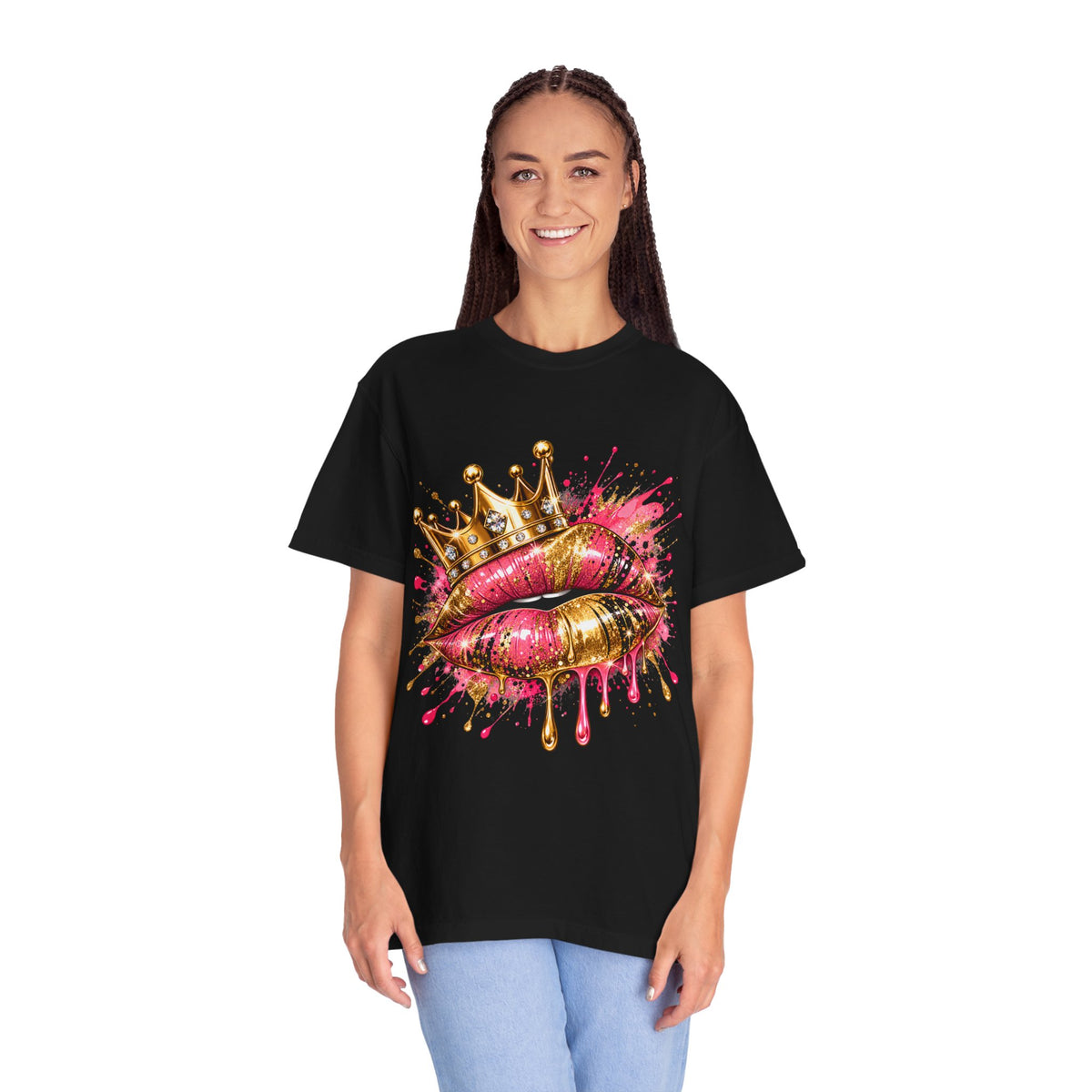 Crowned Kiss Graphic T-Shirt Gold Crown Pink Lip Art Tee product mockup