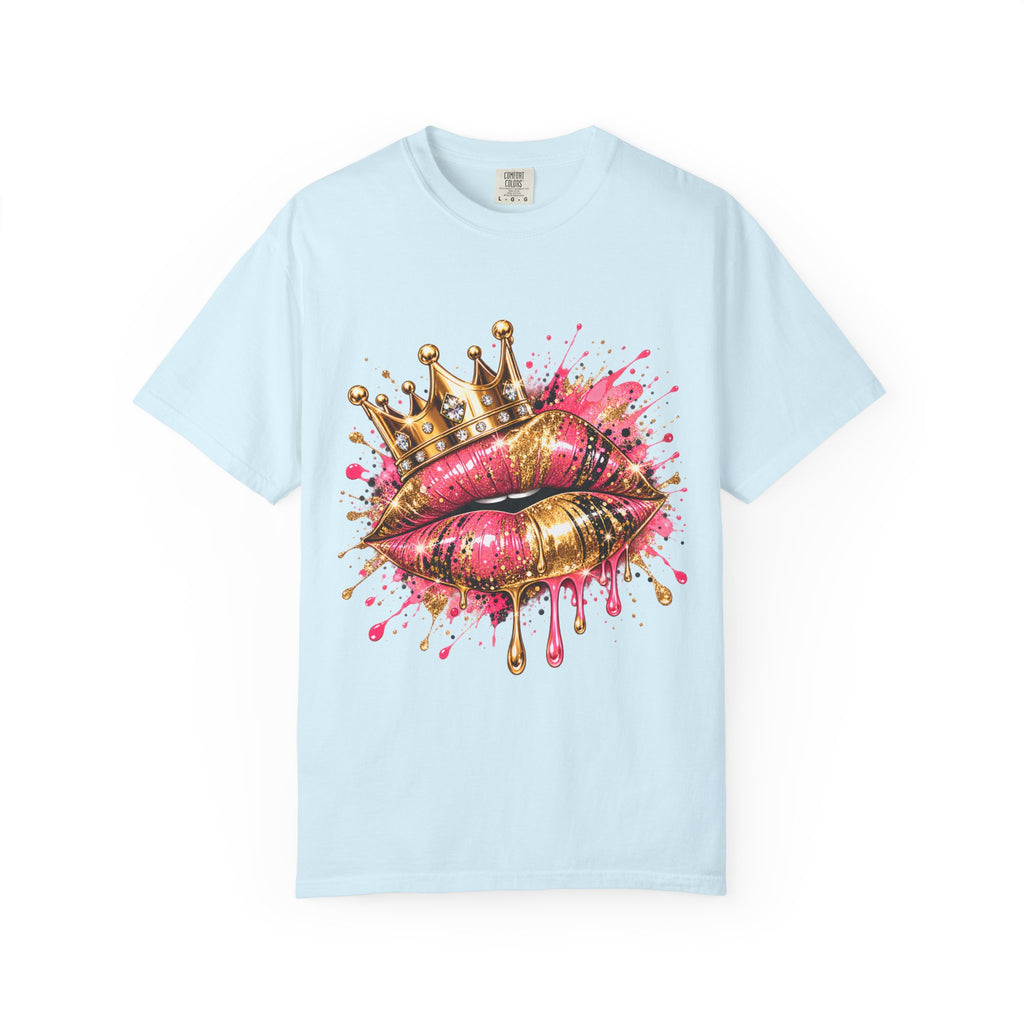Crowned Kiss Graphic T-Shirt Gold Crown Pink Lip Art Tee product mockup