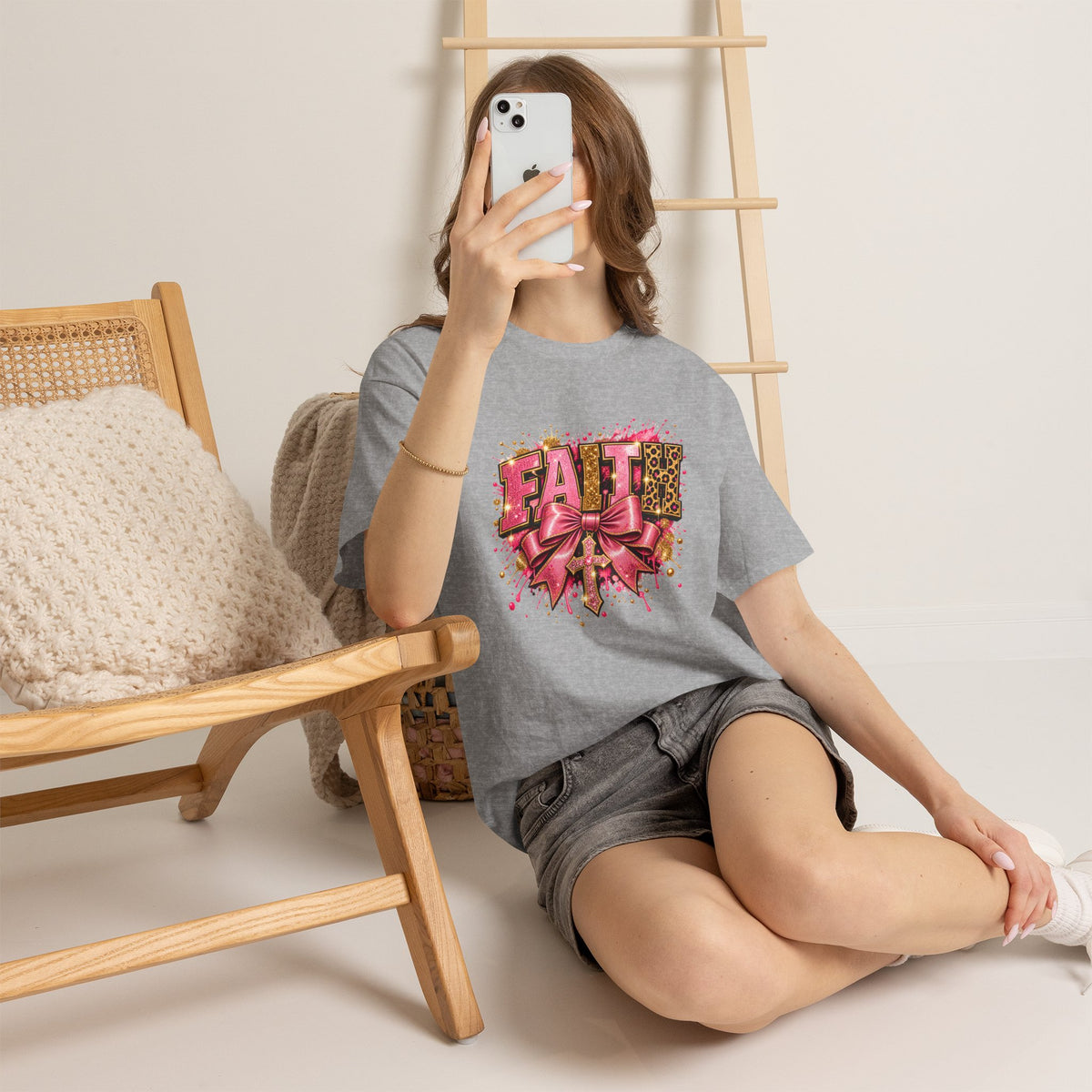 FAITH Leopard Bow T-Shirt Pink Faith Graphic Tee for Women & Girls product mockup