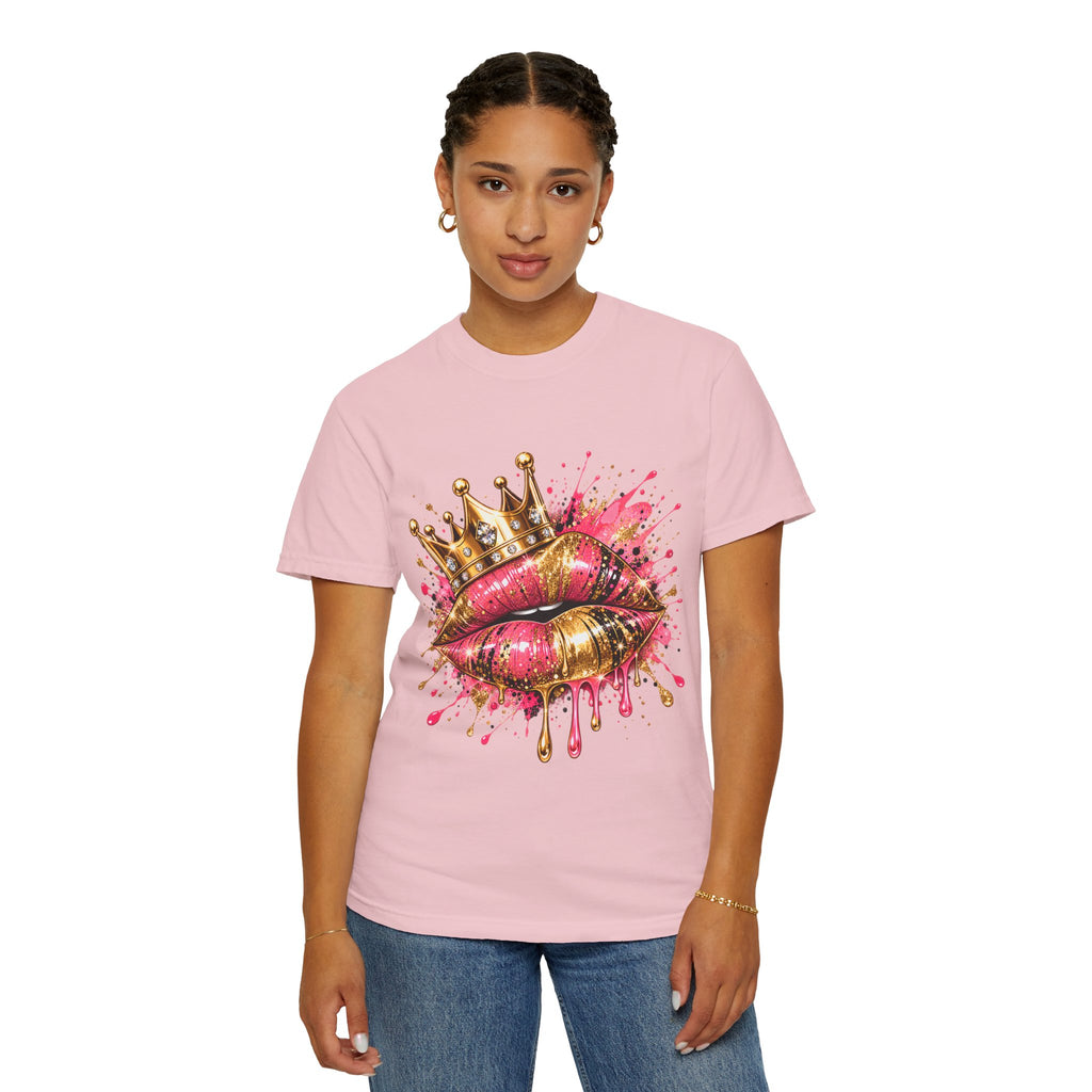 Crowned Kiss Graphic T-Shirt Gold Crown Pink Lip Art Tee product mockup