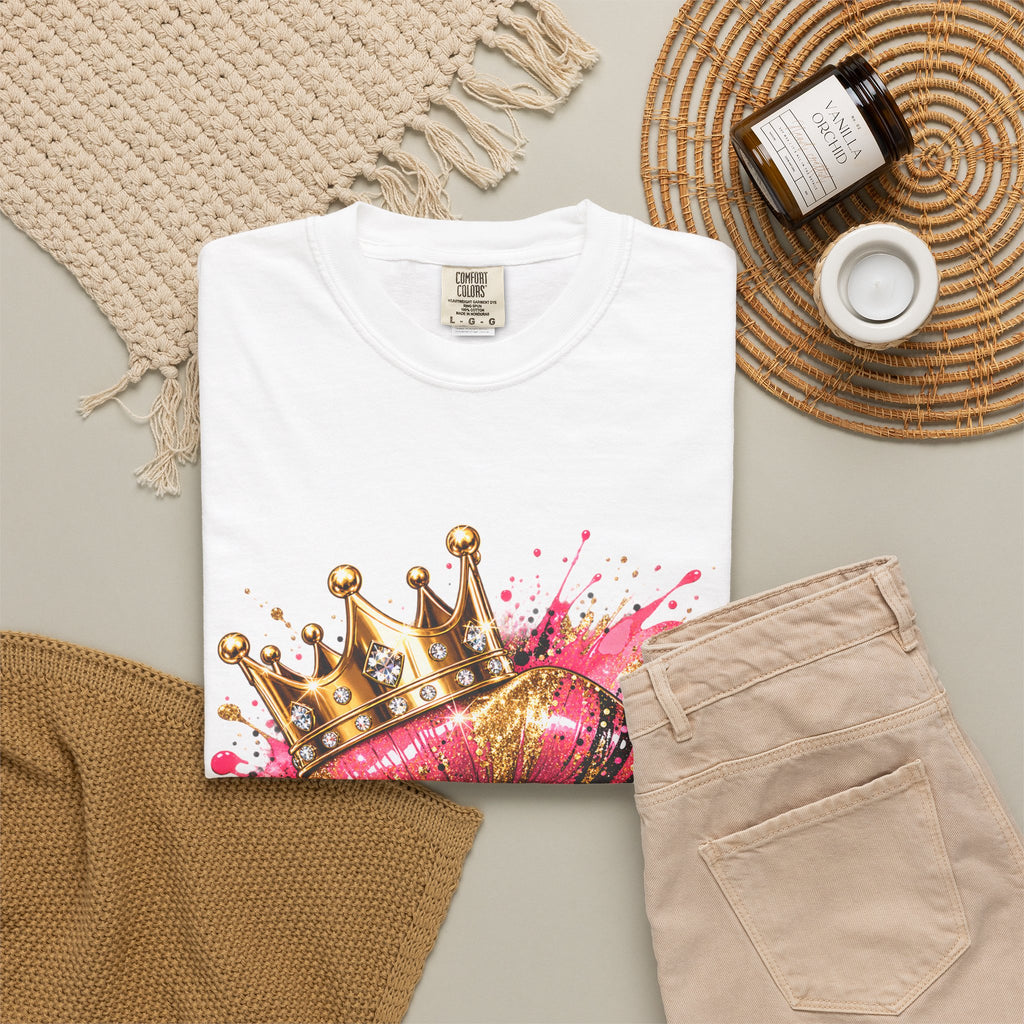 Crowned Kiss Graphic T-Shirt Gold Crown Pink Lip Art Tee product mockup