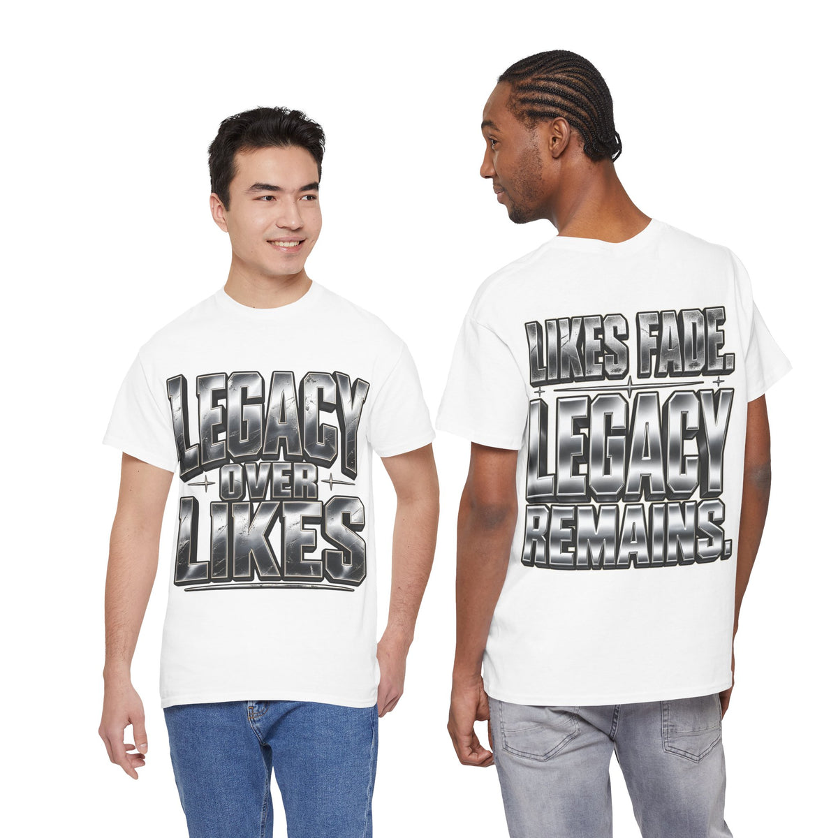 Legacy Over Likes graphic T-shirt with chrome-style typography