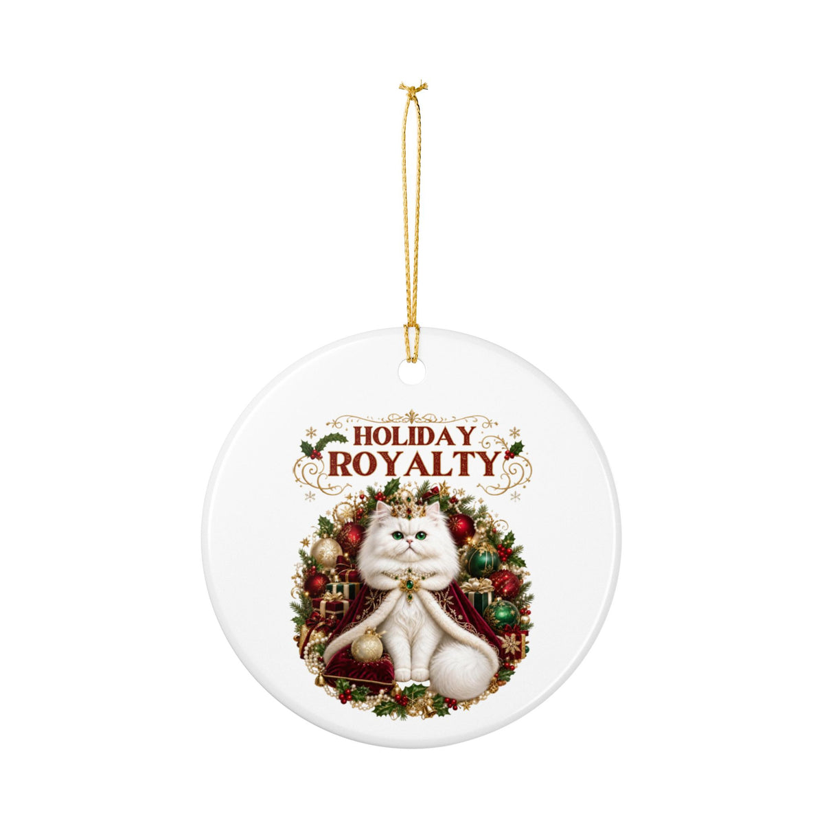 Holiday Royalty white cat ceramic Christmas tree ornament