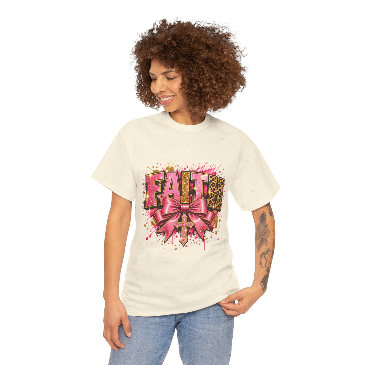 FAITH Leopard Bow T-Shirt Pink Faith Graphic Tee for Women & Girls product mockup