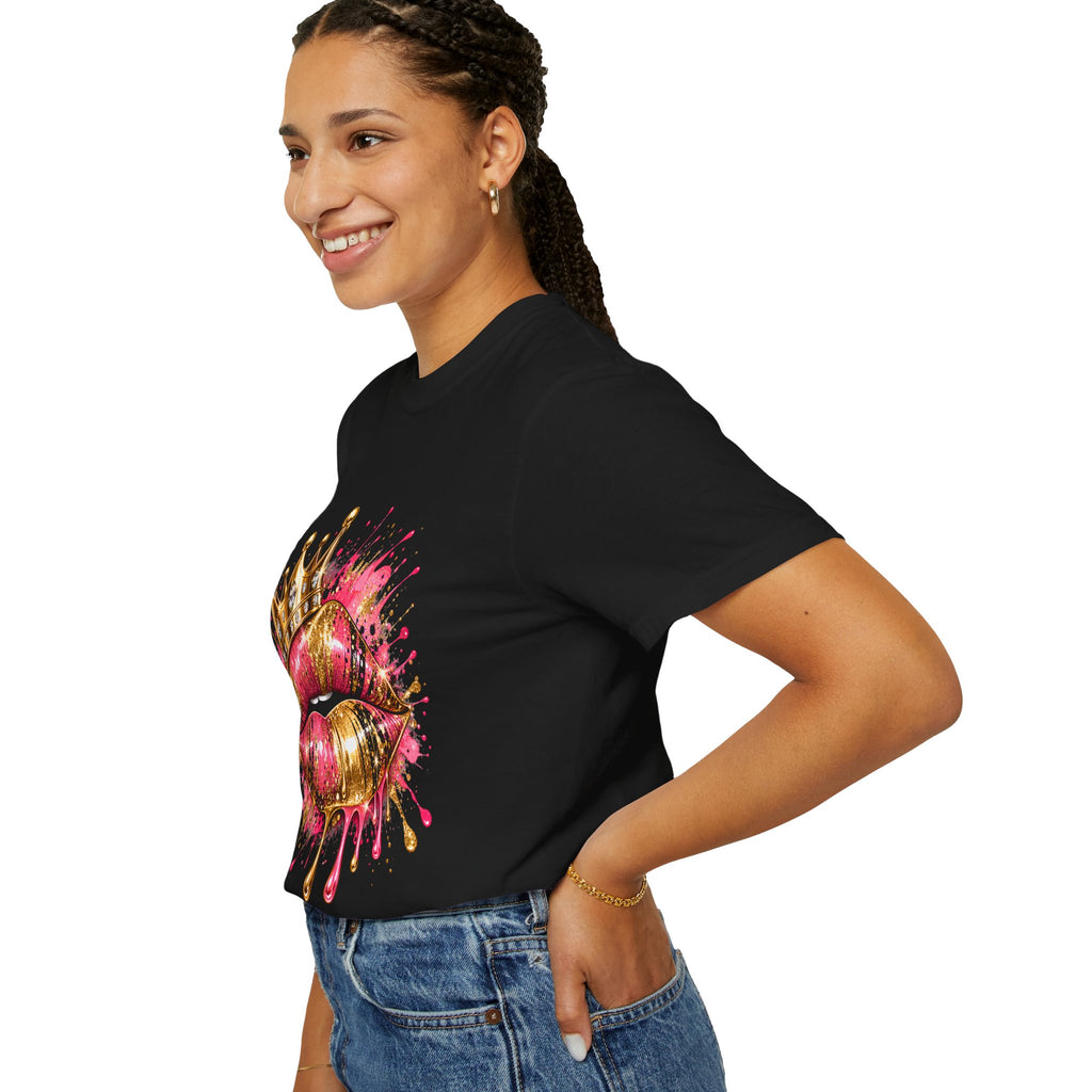 Crowned Kiss Graphic T-Shirt Gold Crown Pink Lip Art Tee product mockup