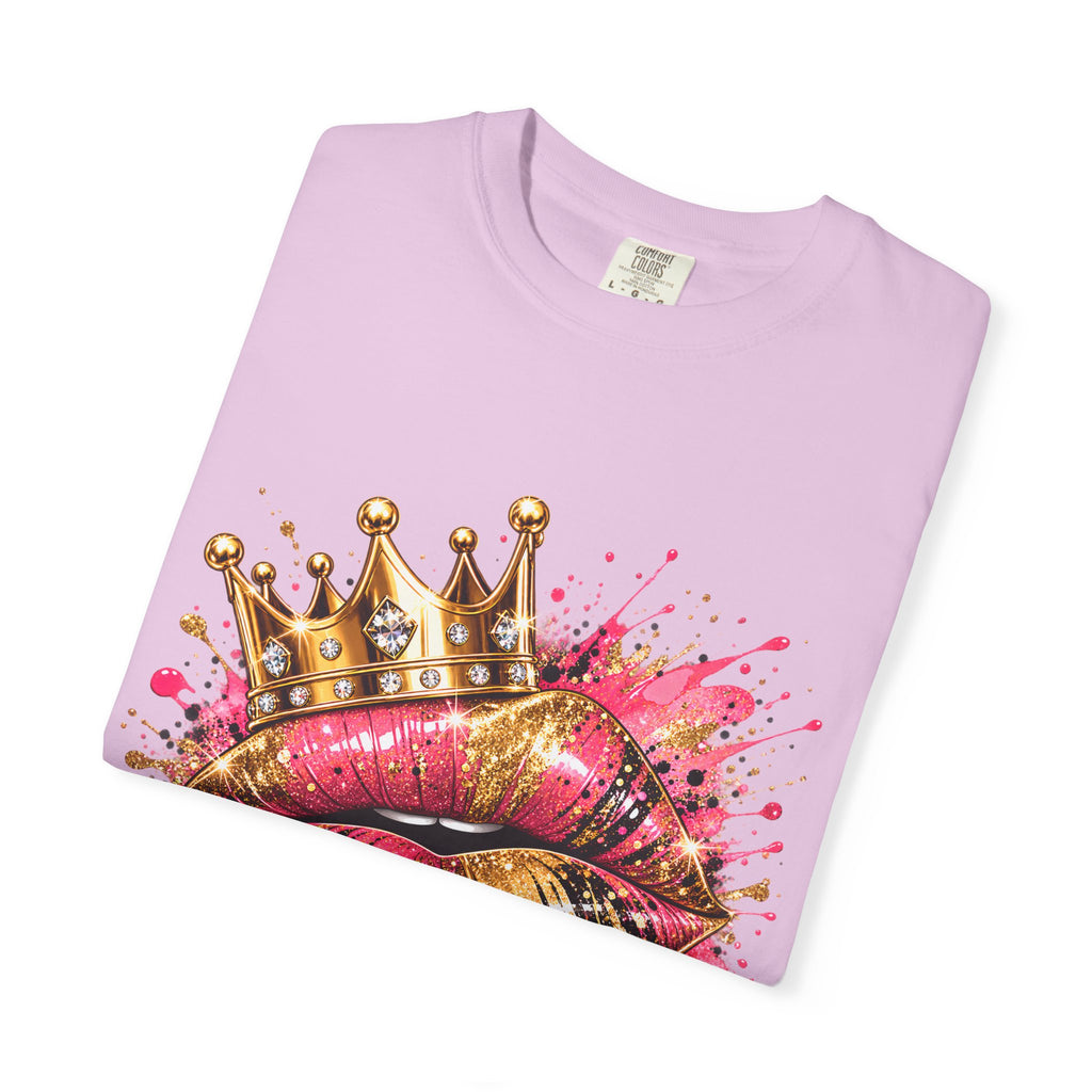 Crowned Kiss Graphic T-Shirt Gold Crown Pink Lip Art Tee product mockup