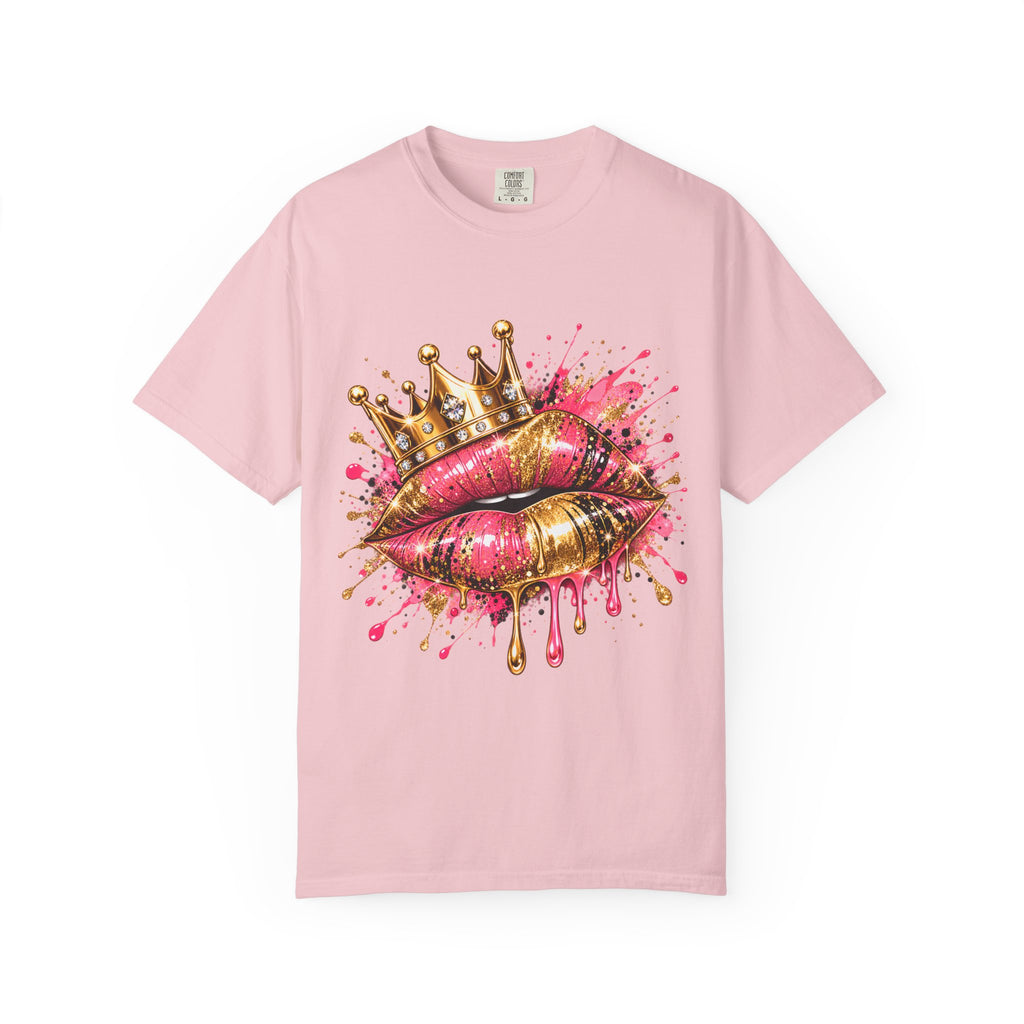 Crowned Kiss Graphic T-Shirt Gold Crown Pink Lip Art Tee product mockup