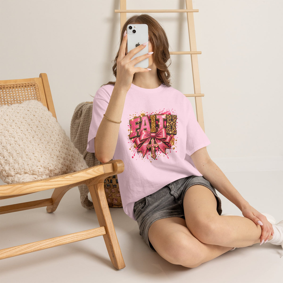 FAITH Leopard Bow T-Shirt Pink Faith Graphic Tee for Women & Girls product mockup