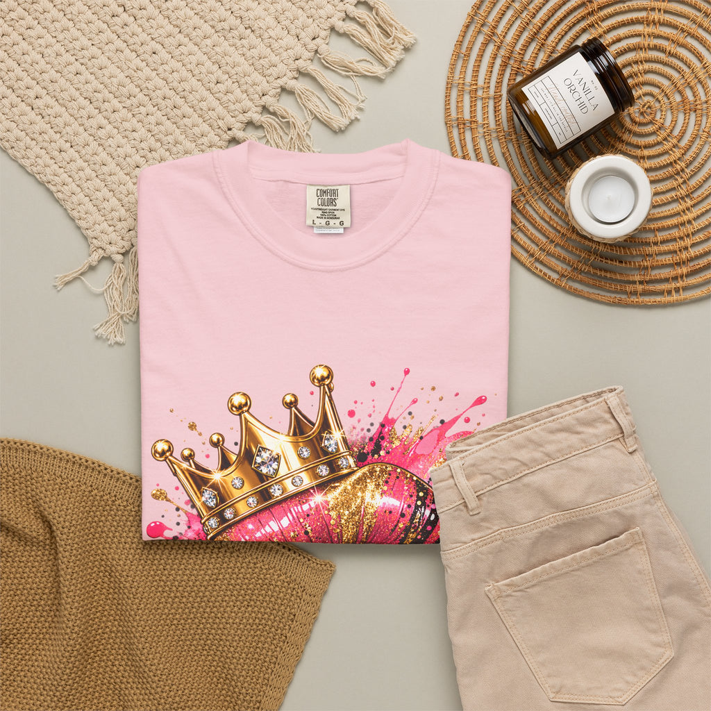 Crowned Kiss Graphic T-Shirt Gold Crown Pink Lip Art Tee product mockup