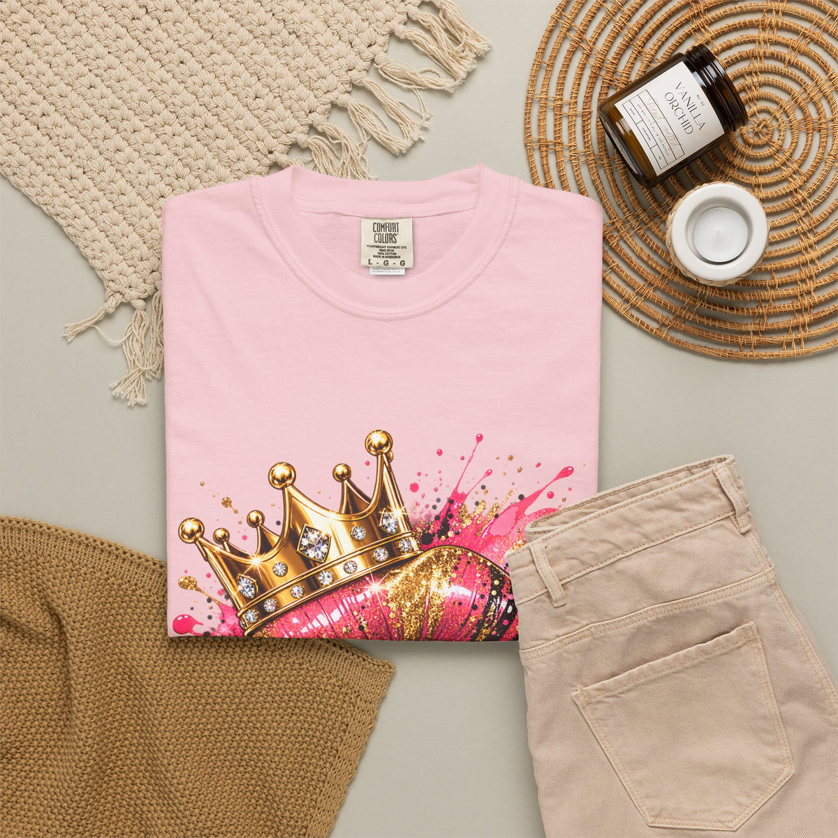 Crowned Kiss Graphic T-Shirt Gold Crown Pink Lip Art Tee product mockup