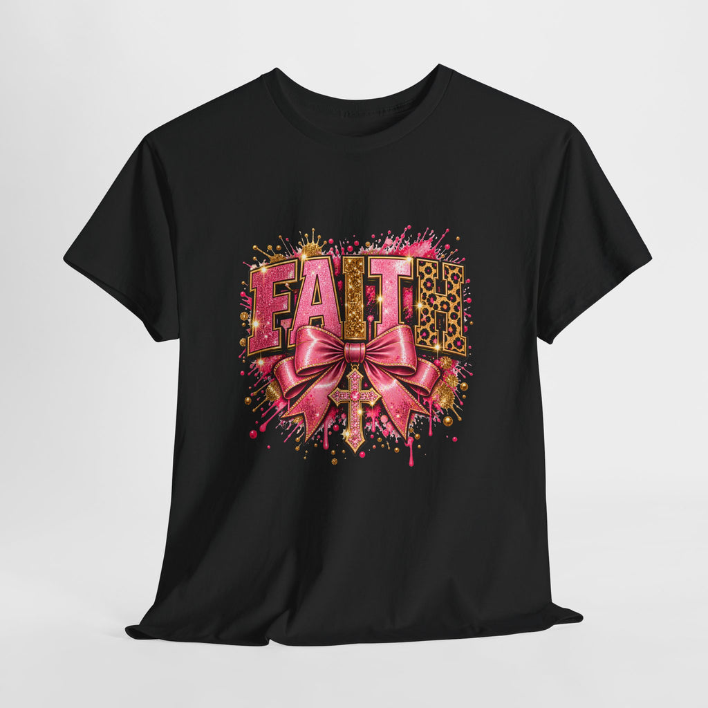 FAITH Leopard Bow T-Shirt Pink Faith Graphic Tee for Women & Girls product mockup