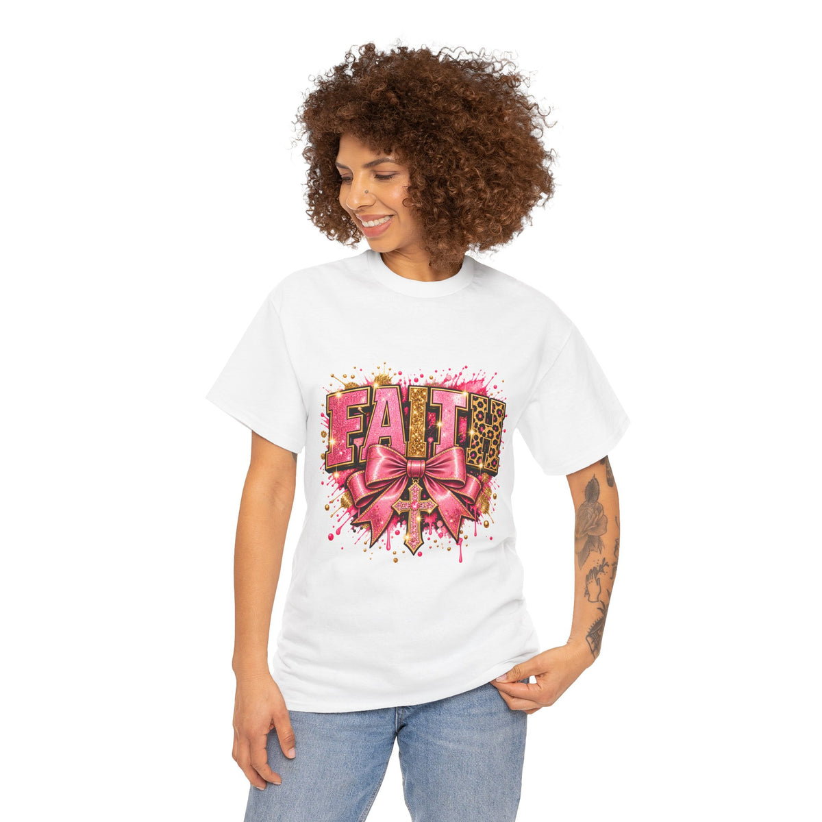 FAITH Leopard Bow T-Shirt Pink Faith Graphic Tee for Women & Girls product mockup