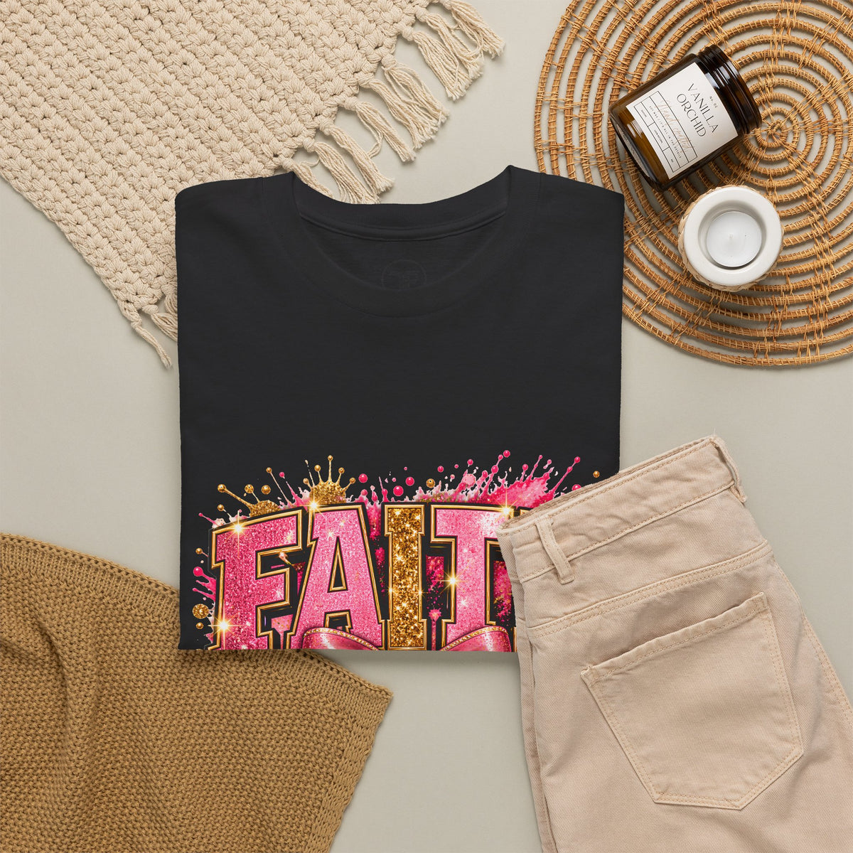 FAITH Leopard Bow T-Shirt Pink Faith Graphic Tee for Women & Girls product mockup