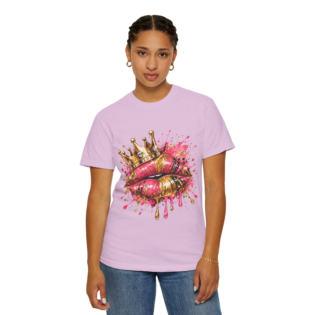 Crowned Kiss Graphic T-Shirt Gold Crown Pink Lip Art Tee product mockup