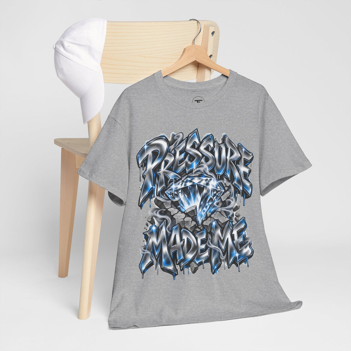 Pressure Made Me blue lightning streetwear T-shirt — alternate product mockup