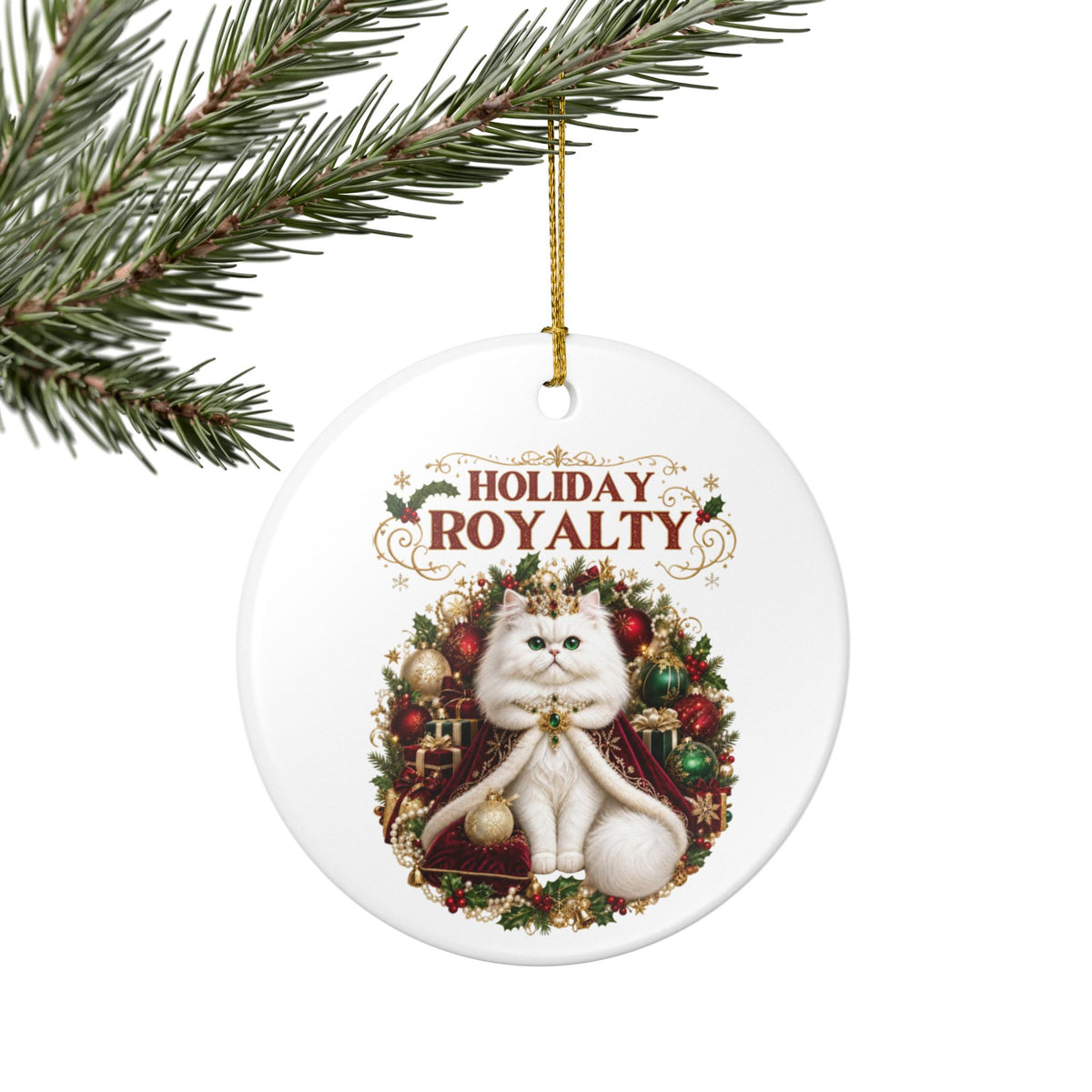 Holiday Royalty white cat ceramic Christmas tree ornament