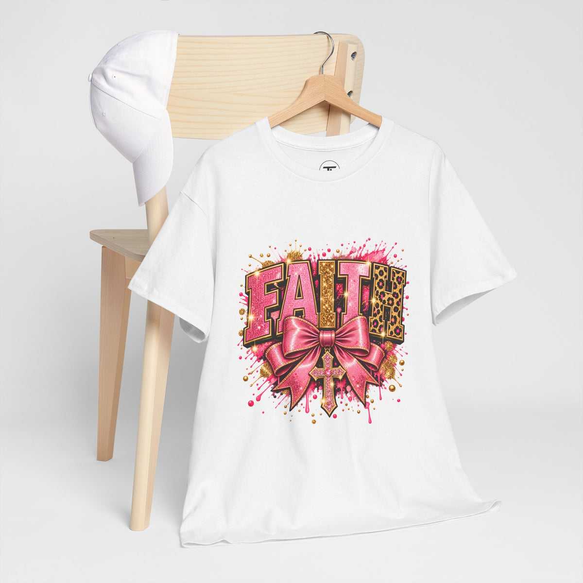 FAITH Leopard Bow T-Shirt Pink Faith Graphic Tee for Women & Girls product mockup