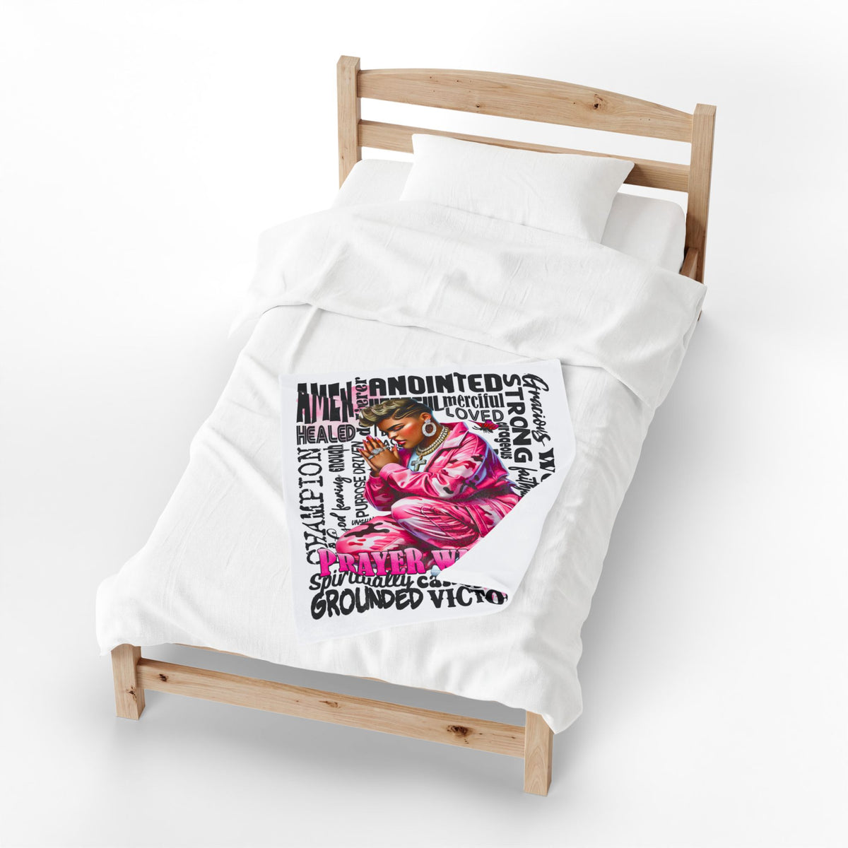 Prayer Warrior woman blanket | Christian faith scripture typography, pink praying figure