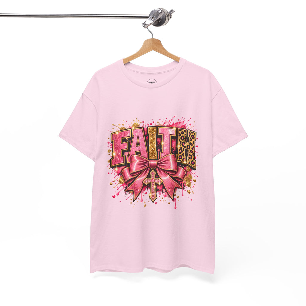 FAITH Leopard Bow T-Shirt Pink Faith Graphic Tee for Women & Girls product mockup