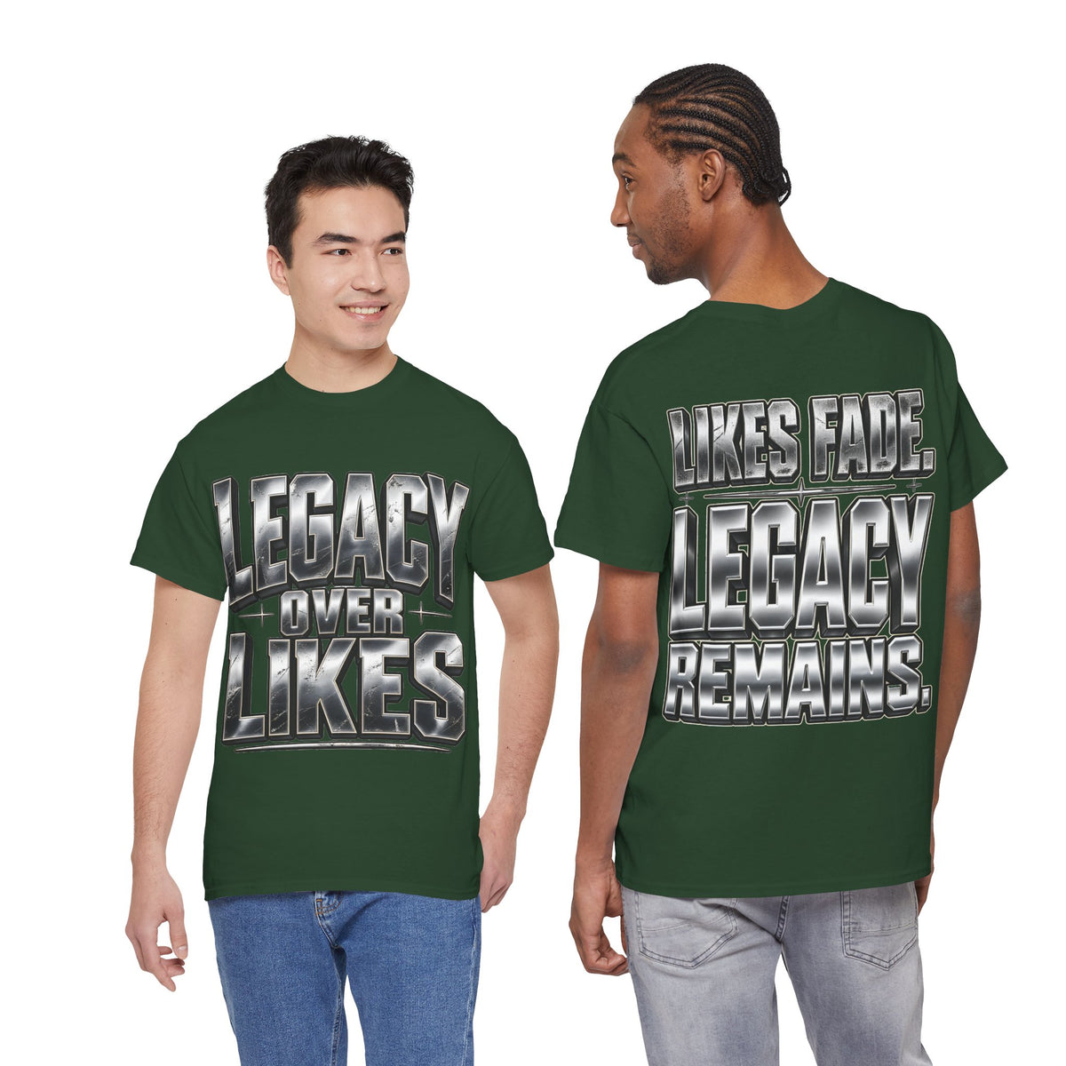 Legacy Over Likes chrome typography graphic T-shirt — alternate product mockup