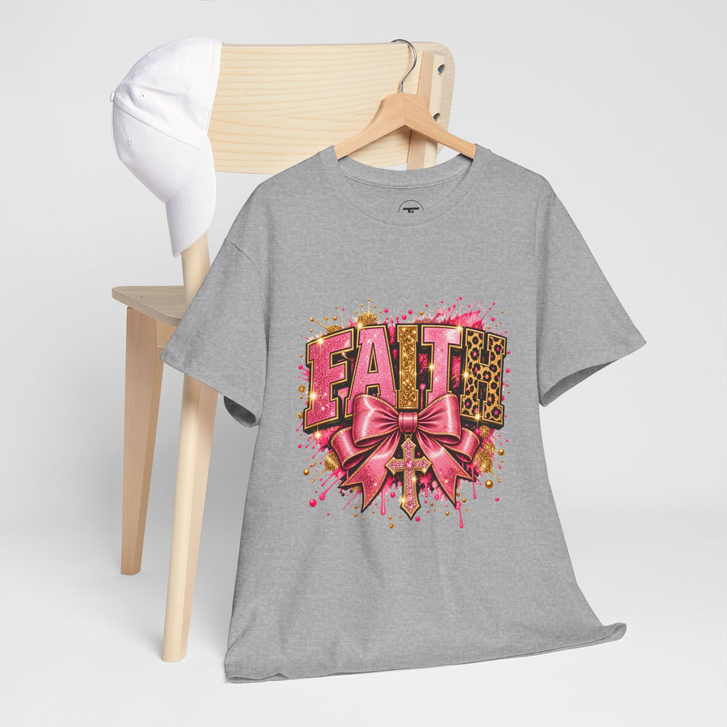 FAITH Leopard Bow T-Shirt Pink Faith Graphic Tee for Women & Girls product mockup