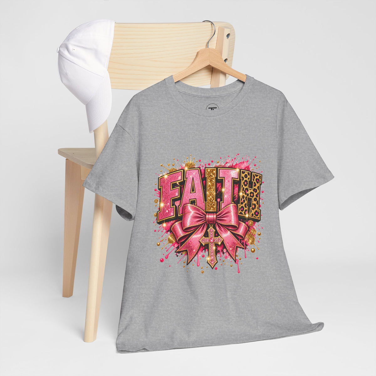 FAITH Leopard Bow T-Shirt Pink Faith Graphic Tee for Women & Girls product mockup
