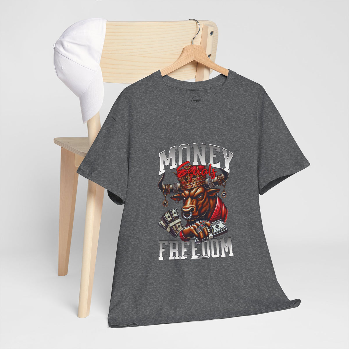 Money Over Freedom bull and cash graphic T-shirt — product view 4