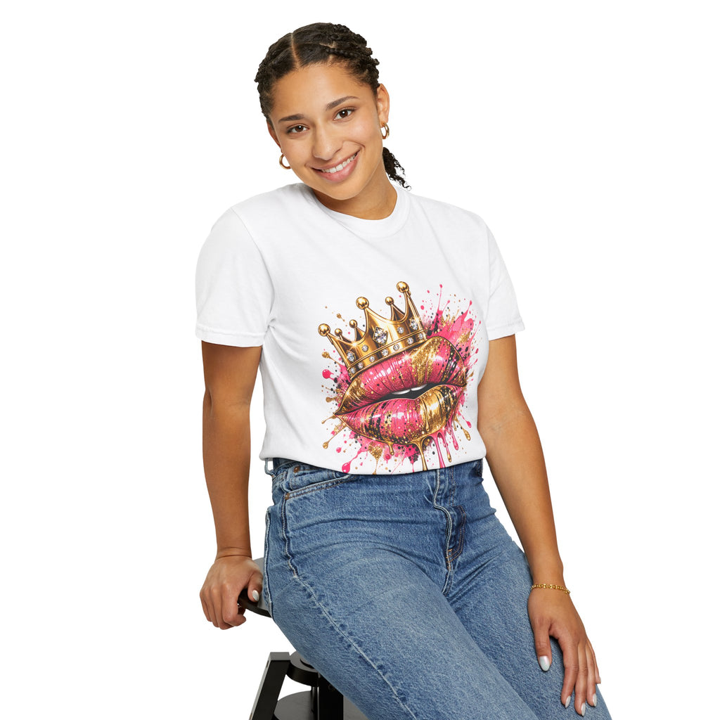 Crowned Kiss Graphic T-Shirt Gold Crown Pink Lip Art Tee product mockup