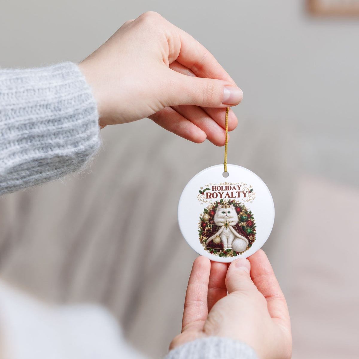Holiday Royalty white cat ceramic Christmas tree ornament