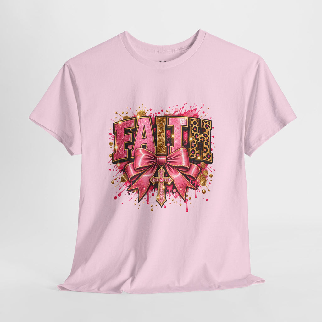 FAITH Leopard Bow T-Shirt Pink Faith Graphic Tee for Women & Girls product mockup