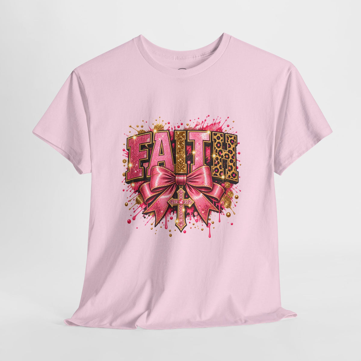 FAITH Leopard Bow T-Shirt Pink Faith Graphic Tee for Women & Girls product mockup