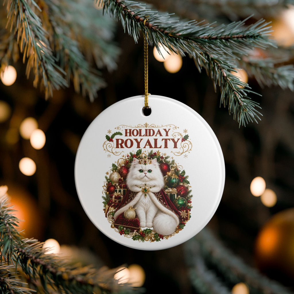 Holiday Royalty white cat Christmas ceramic ornament