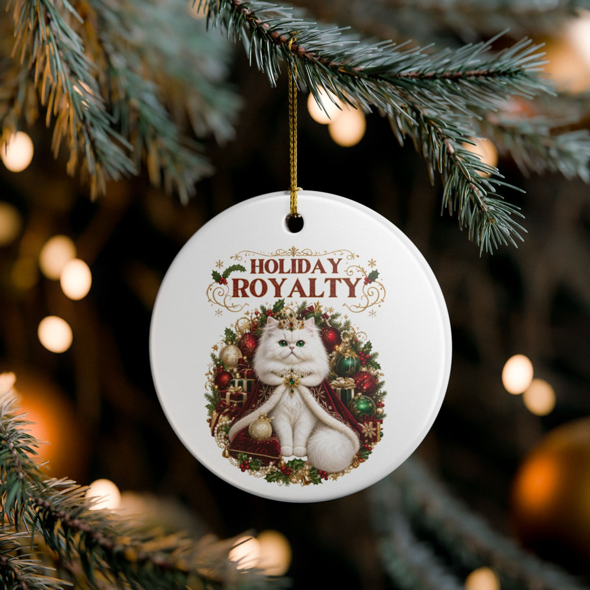 Holiday Royalty white cat Christmas ceramic ornament