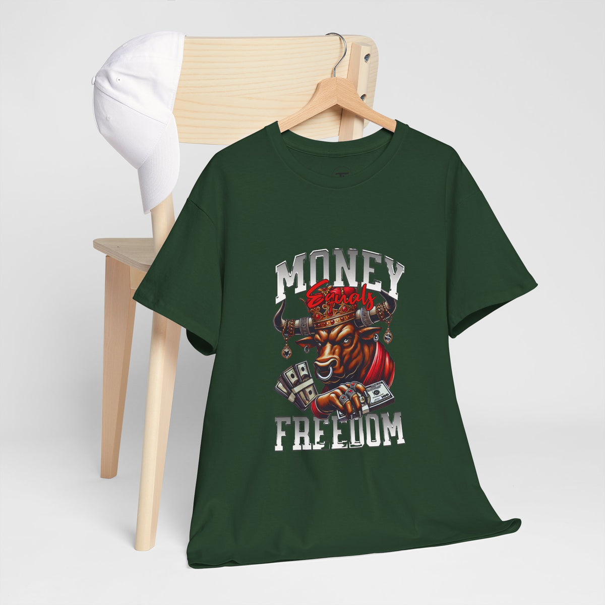 Money Over Freedom bull and cash graphic T-shirt — alternate product mockup